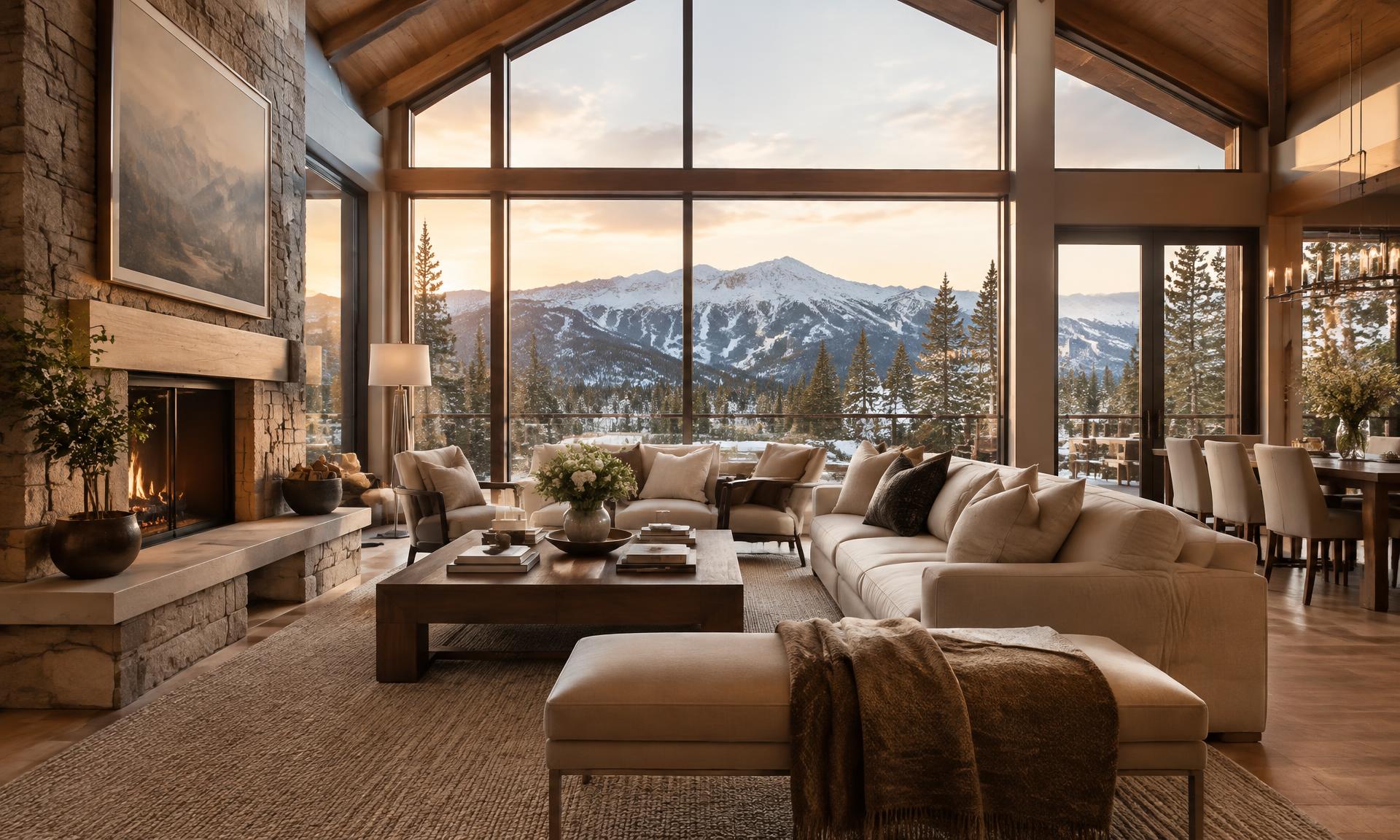 Elegantly staged Sun Valley estate great room with mountain views